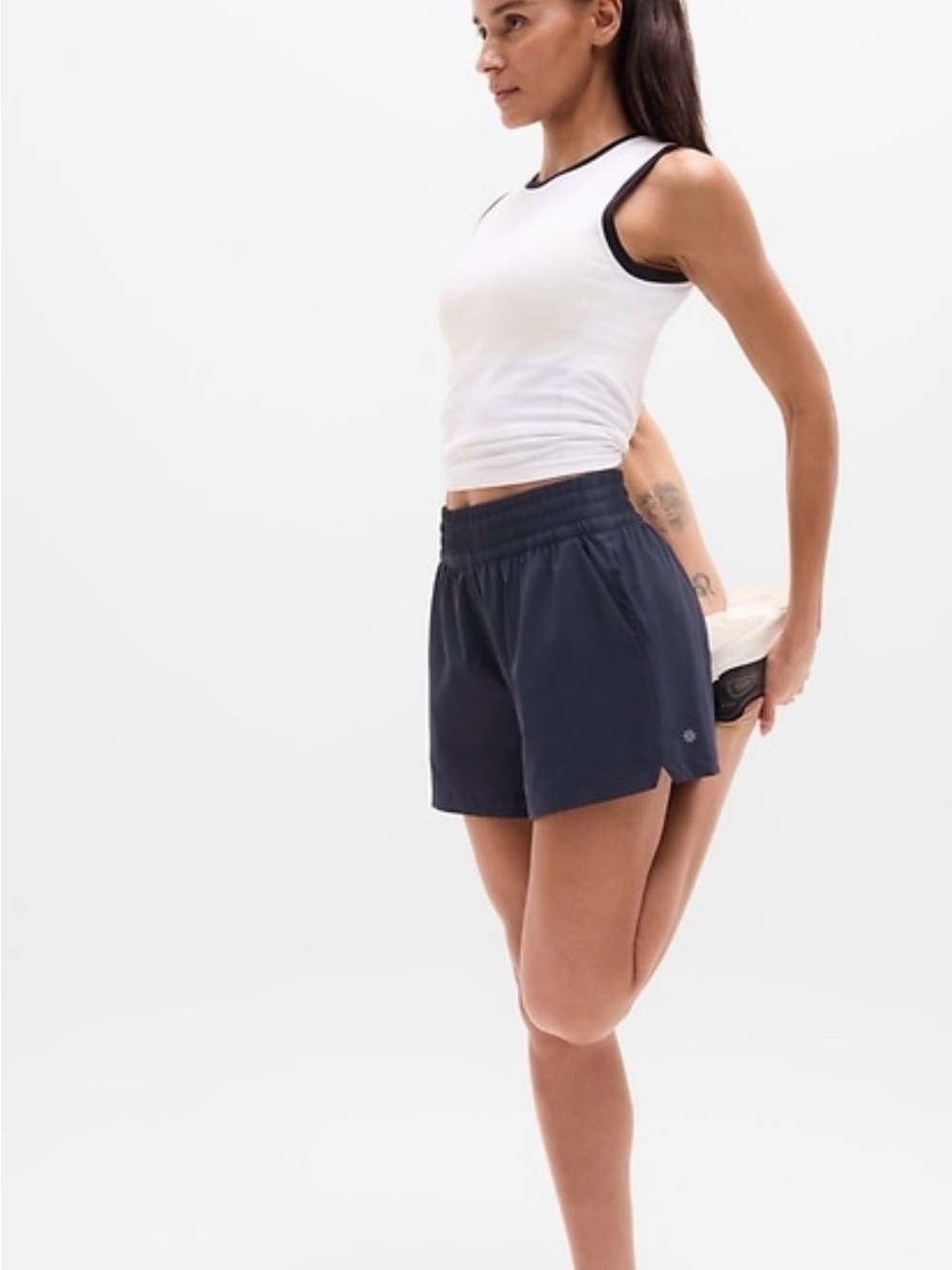 Athleta Weekender High Rise 3" Run Short wide, elasticated high-rise waistband